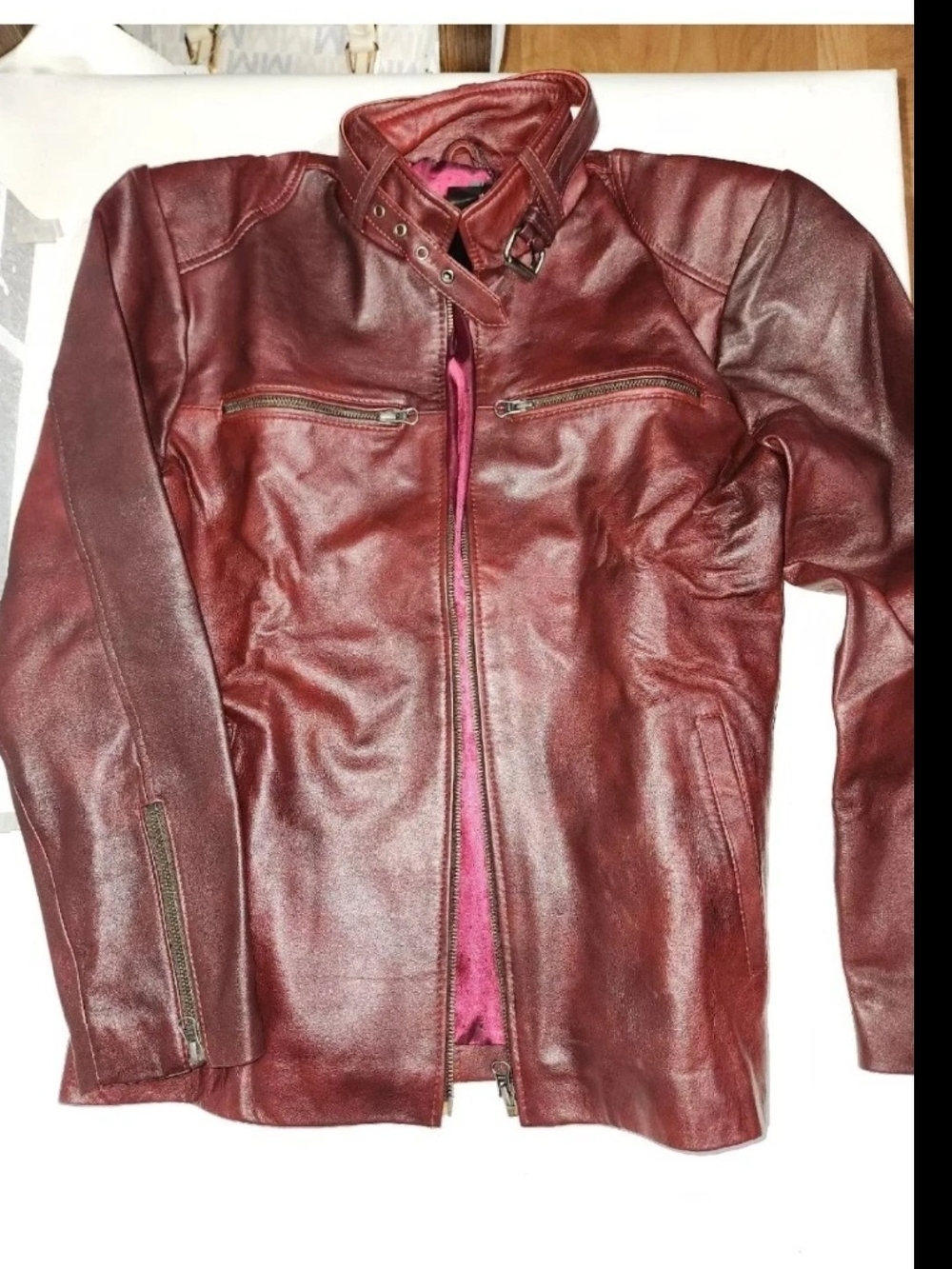 Women’s Wine Red Leather Moto Jacket with Buckle Collar